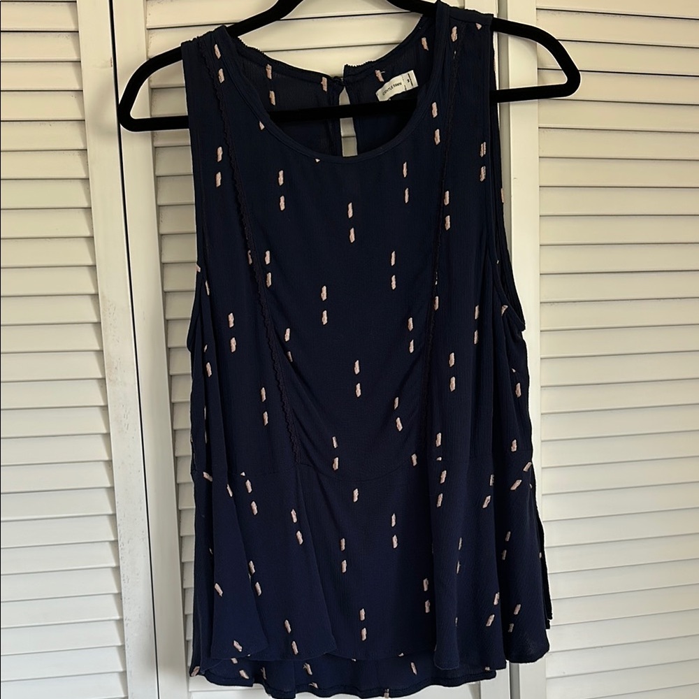 Navy Blue Patterned Relaxed Tank Top with Scoop Neck and Sleeveless Design